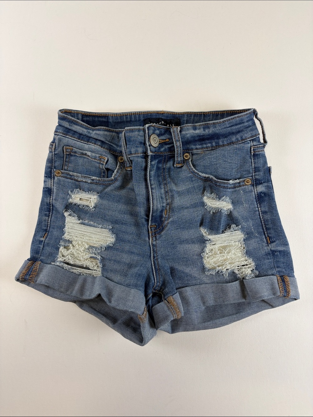 AEROPOSTALE SUPER HIGH RISE MIDI DISTRESSED DENIM SHORTS SIZE 0